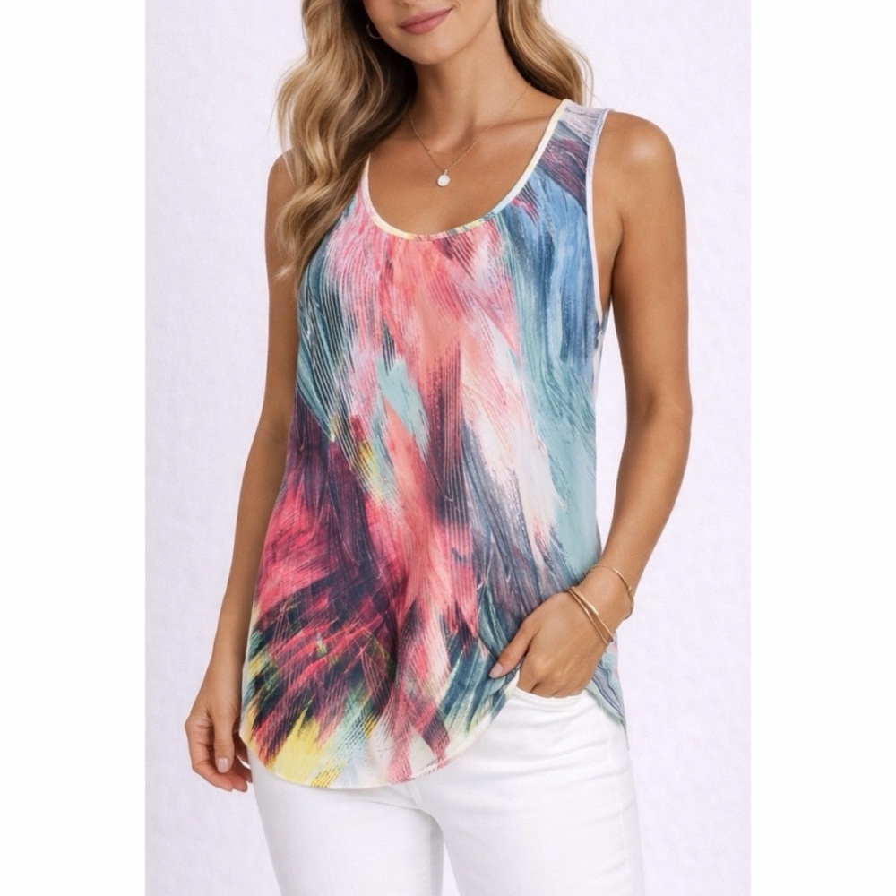 WAREHOUSE • Silk Colorful Abstract Feather Print Tank Top, 6 - Picture 1 of 11